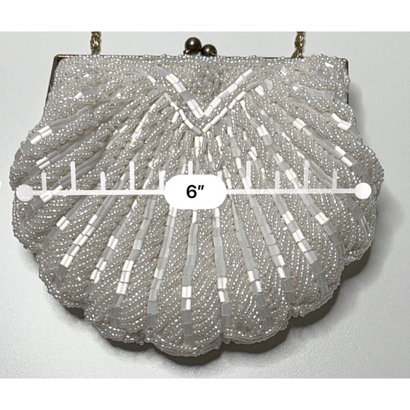 La Regale Gold Kiss-Lock Evening Bag Vtg White Beaded Clam Shell Clutch 80s Glam - Picture 6 of 9